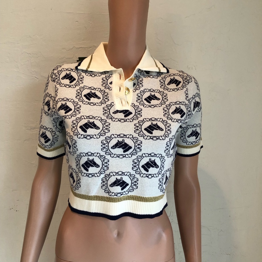 Gucci Equestrian Jacquard Polo Short Sleeves Sweater Cream/Navy Women's Size XS